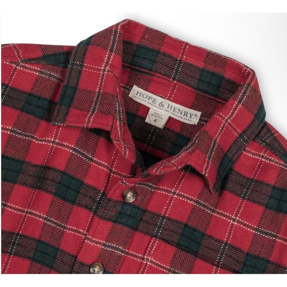 Hope & Henry Shirt Boys Sz S Organic Cotton Red Plaid Grain Brown Buttons Preppy